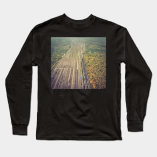 Autumn forest and railway depot aerial view Long Sleeve T-Shirt
